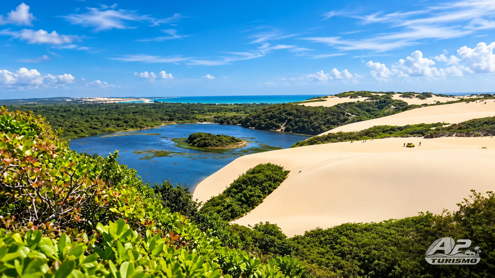 Vista das dunas, vegetação e lagoa no Rio Grande do Norte